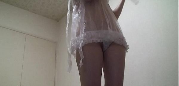  Japanese girl takes off see through lingerie and put on army clothes